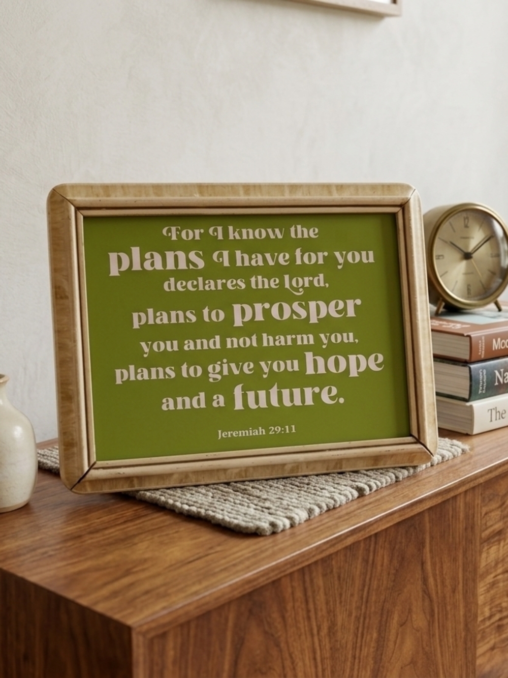 Green Scripture Art with Vintage Light Wood Frame